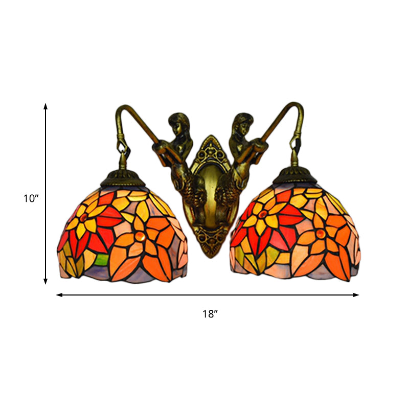 Orange Glass Floral Wall Mount Lighting Baroque 2 Heads Sconce Light with Mermaid Backplate Clearhalo 'Industrial' 'Middle century wall lights' 'Tiffany wall lights' 'Tiffany' 'Wall Lamps & Sconces' 'Wall Lights' Lighting' 184347