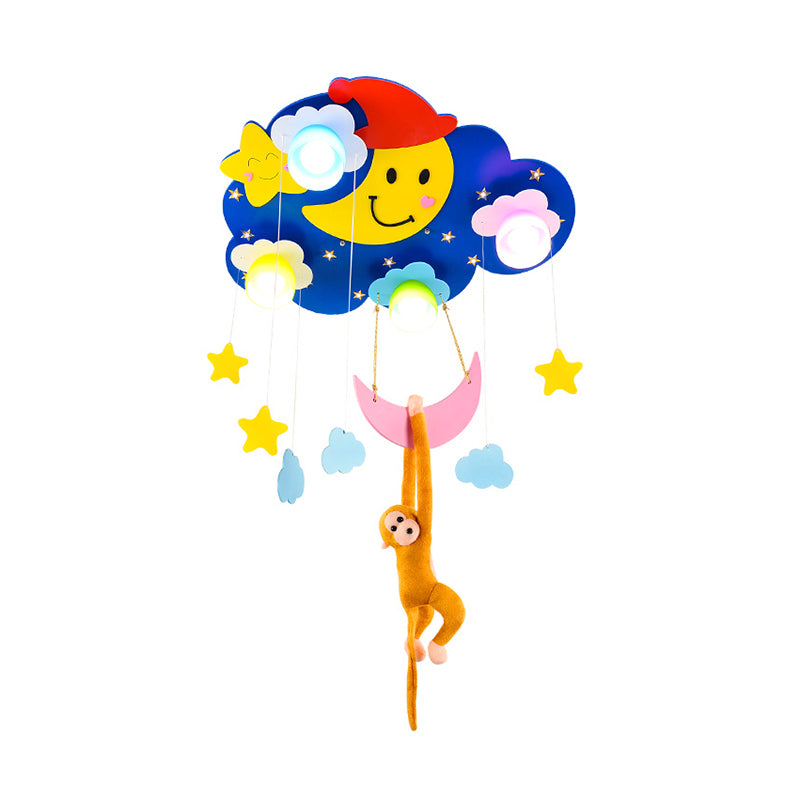 Kids Bedroom Sky Ceiling Lamp with Hanging Monkey Wood 4 Heads Cartoon Blue Flush Mount Light Clearhalo 'Ceiling Lights' 'Close To Ceiling Lights' 'Close to ceiling' 'Flush mount' Lighting' 184571