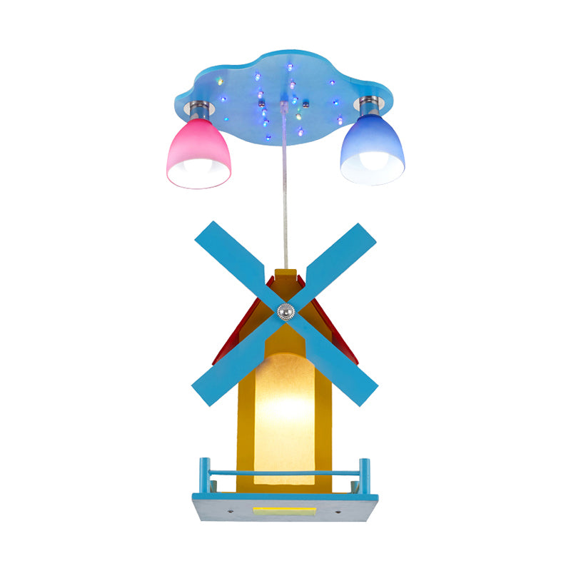 Cartoon House Ceiling Light with Windmill Metal 3 Lights Blue Semi Flush Light for Shop Clearhalo 'Ceiling Lights' 'Close To Ceiling Lights' 'Close to ceiling' 'Semi-flushmount' Lighting' 184755