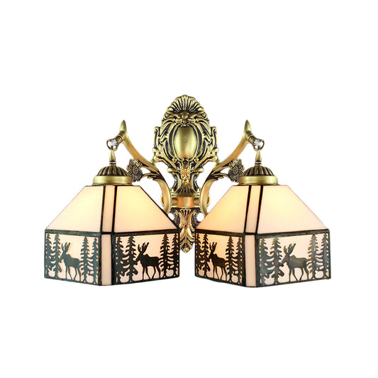 Small House Wall Sconce Retro Style Stained Glass 2 Heads Wall Light with Deer and Tree Pattern Clearhalo 'Industrial' 'Middle century wall lights' 'Tiffany wall lights' 'Tiffany' 'Wall Lamps & Sconces' 'Wall Lights' Lighting' 184856