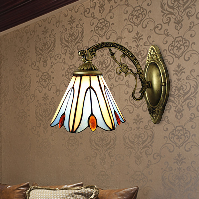 Vintage Bell Shade Wall Fixture Light Stained Glass 1 Light Wall Sconce in Blue for Bedroom Lighting Clearhalo 'Industrial' 'Middle century wall lights' 'Tiffany wall lights' 'Tiffany' 'Wall Lamps & Sconces' 'Wall Lights' Lighting' 185012
