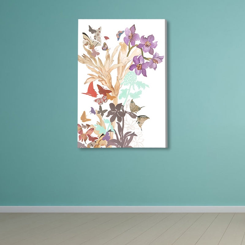 Butterfly and Blossom Canvas Print Pop Art Style Flower Wall Decor in Pastel Color Purple Clearhalo 'Arts' 'Canvas Art' 1858177