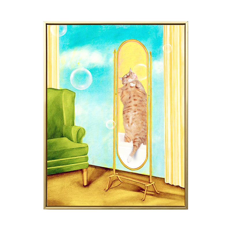 Cat in the Mirror Canvas House Interior Animal Wall Art Decor in Yellow, Textured Clearhalo 'Arts' 'Canvas Art' 1858835