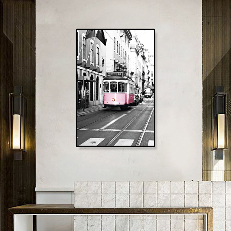 Nostalgic Photograph Urban Railway Canvas Boys Bedroom Transportation Wall Art Print Pink Clearhalo 'Arts' 'Canvas Art' 1859878