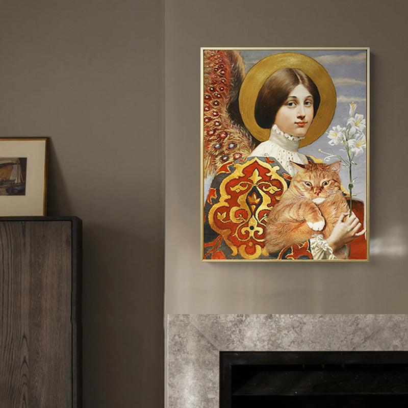Funky Kids Canvas with Lady and Her Chubby Cat Painting Yellow Wall Art for Home Clearhalo 'Arts' 'Canvas Art' 1860079