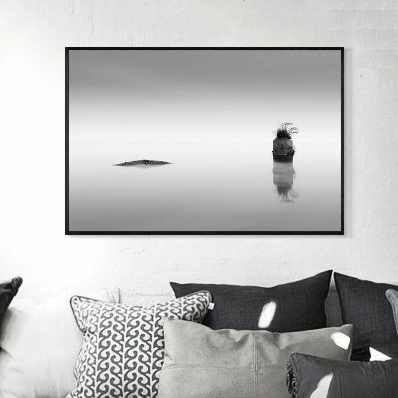Photo Misty River Scene Canvas Print Modern Textured Dining Room Wall Art in Dark Color Grey Clearhalo 'Arts' 'Canvas Art' 1861192