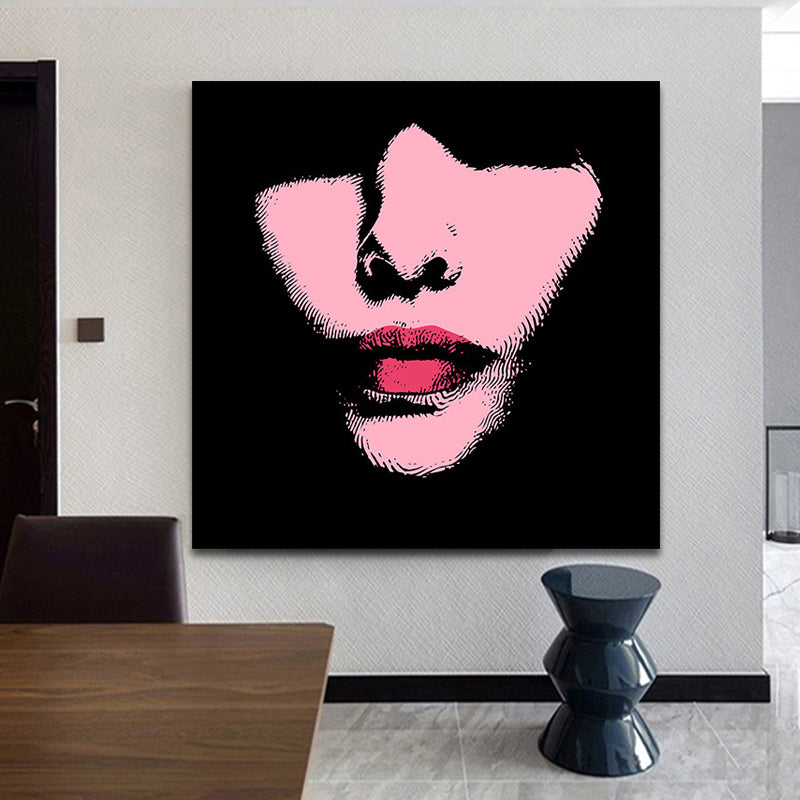 Fashion Girl's Lip Wrapped Canvas Textured Pop Art Style Bedroom Painting in Light Color Black Clearhalo 'Arts' 'Canvas Art' 1861332