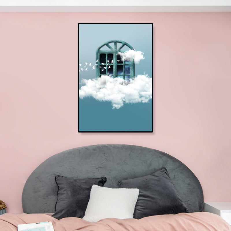 House Building View Canvas Surrealism Style Textured Wall Art Decor in Light Color Blue Clearhalo 'Arts' 'Canvas Art' 1862594