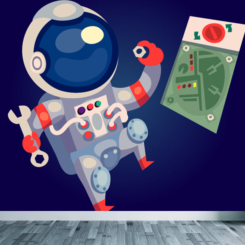 Large Astronaut Mural Wallpaper Children's Art Outer Space View Wall Decor in Soft Color Blue Clearhalo 'Wall Decor' 'Wall Mural' 1863341