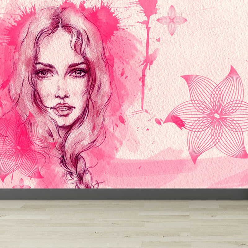Illustration Women Face Wall Mural Giant Wall Covering for Girls Bedroom, Custom Pink Clearhalo 'Wall Decor' 'Wall Mural' 1863931