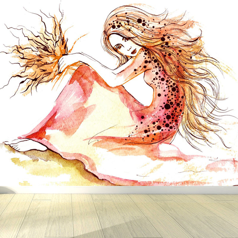 Huge Fashion Girl Mural Decal Bedroom Figure Wall Art in Pastel Color, Stain Resistant Brown Clearhalo 'Wall Decor' 'Wall Mural' 1864111