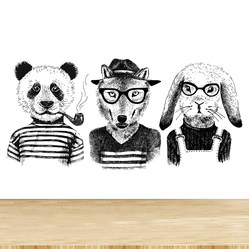 Illustration Animal Portrait Mural Wallpaper Large Wall Art for Boys Bedroom, Custom Print White Clearhalo 'Wall Decor' 'Wall Mural' 1864236