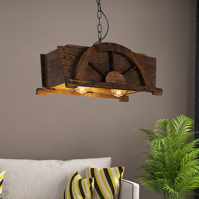 Brown Wood Rectangle Hanging Light 2-bulb Antique Ceiling Fixture for Restaurant Clearhalo 'Ceiling Lights' 'Chandeliers' Lighting' options 1871376