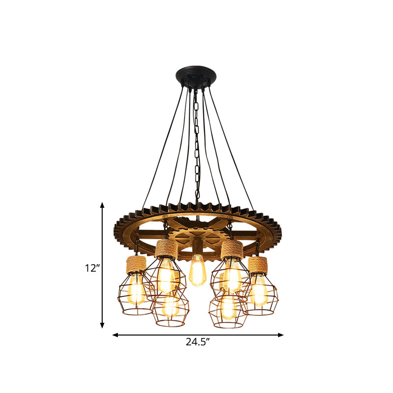 5/7-Head Wire Guard Suspended Lamp with Gear Deco Antique Stylish Black Finish Iron Pendant Light Fixture Clearhalo 'Art Deco Pendants' 'Black' 'Cast Iron' 'Ceiling Lights' 'Ceramic' 'Crystal' 'Industrial Pendants' 'Industrial' 'Metal' 'Middle Century Pendants' 'Pendant Lights' 'Pendants' 'Rustic Pendants' 'Tiffany' Lighting' 1871454