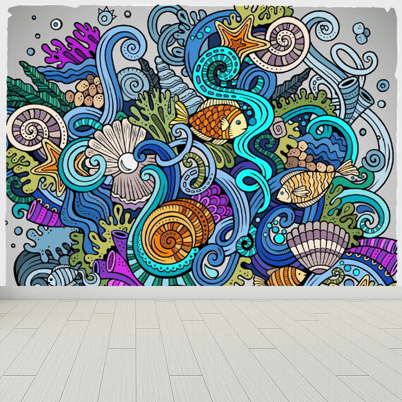 Contemporary Graffiti Pattern Mural Soft Color Stain Resistant Wall Art for Dining Room Blue Clearhalo 'Wall Decor' 'Wall Mural' 1884979