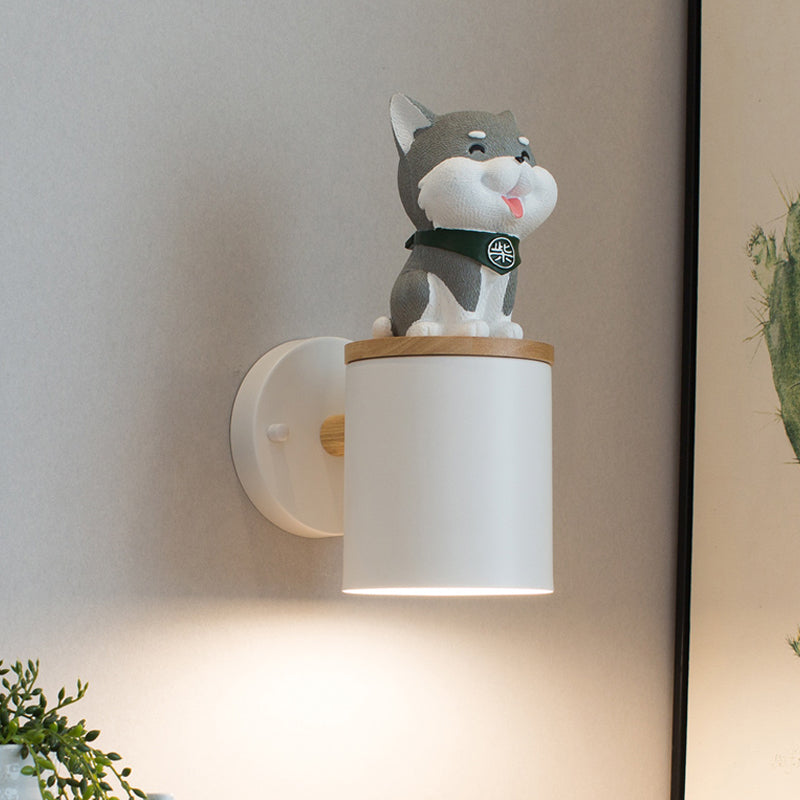 Cylinder Study Room Wall Light with Doggy Deco Resin 1 Head Animal Sconce Light White Clearhalo 'Wall Lamps & Sconces' 'Wall Lights' Lighting' 188795