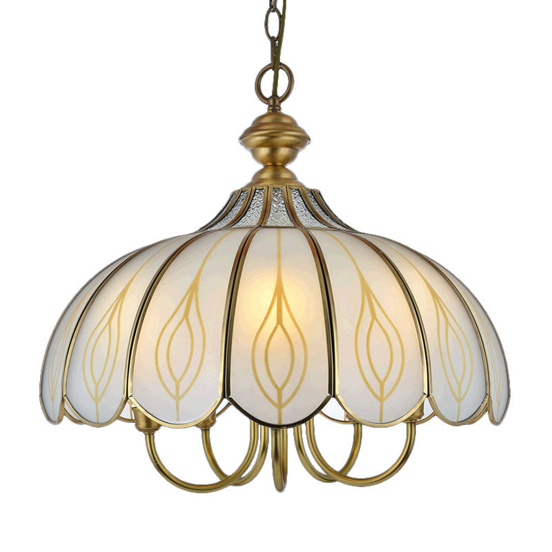 White Glass Scalloped Chandelier Light Fixture Colonialist 3/4/5 Lights Dining Room Ceiling Pendant Clearhalo 'Ceiling Lights' 'Chandeliers' 'Glass shade' 'Glass' Lighting' 1895592
