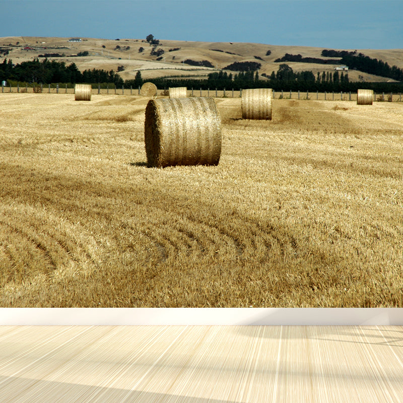 Farmland Haystack Mural Wallpaper Contemporary Non-Woven Fabric Wall Decor for Home Light Brown Clearhalo 'Wall Decor' 'Wall Mural' 1895678