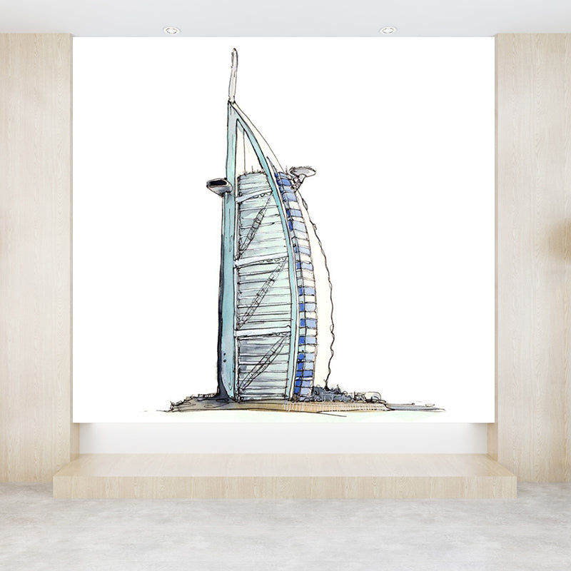 Pastel Watercolor Landmark Wall Mural Architecture Modern Moisture Resistant Wall Decor White Clearhalo 'Wall Decor' 'Wall Mural' 1896188