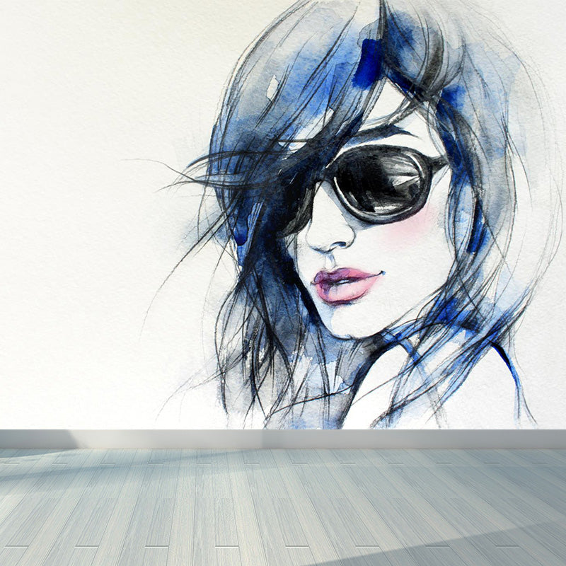 Fashion Girl Portrait Wallpaper Mural Contemporary Smooth Wall Decor in Pastel Color Blue Clearhalo 'Wall Decor' 'Wall Mural' 1896868