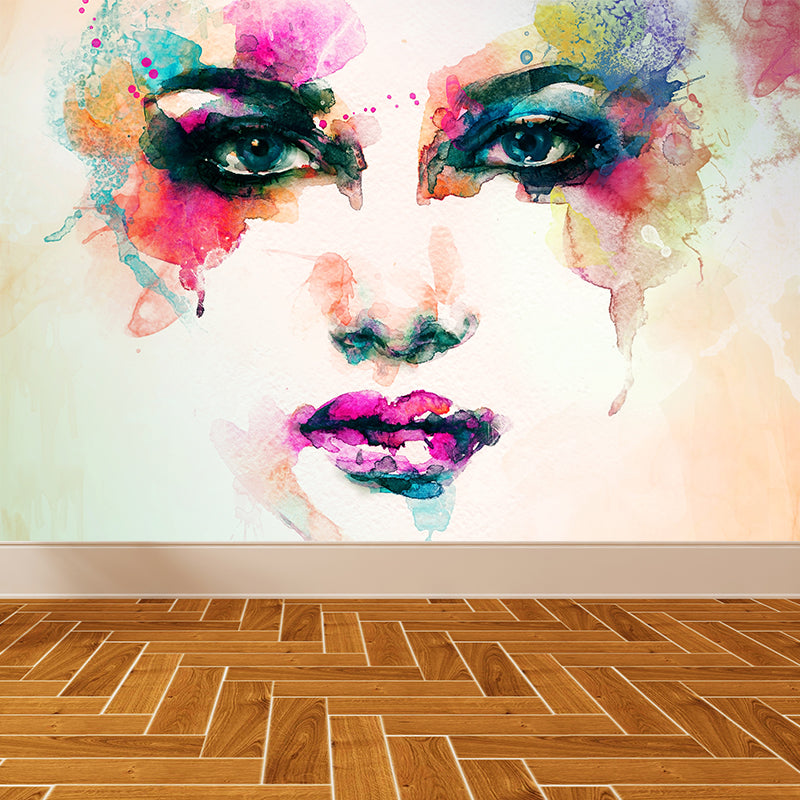 Glam Watercolor Woman Portrait Mural Soft Color Water-Proof Wall Decor for Bedroom Light Brown Clearhalo 'Wall Decor' 'Wall Mural' 1896973