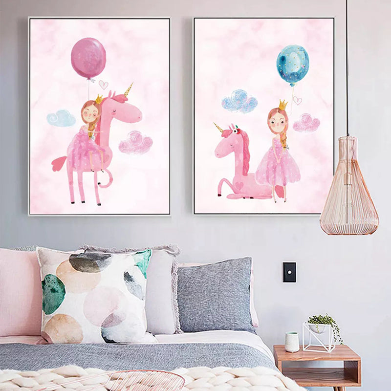 Cartoon Girls Canvas Wall Art with Unicorn Drawing Pastel Color