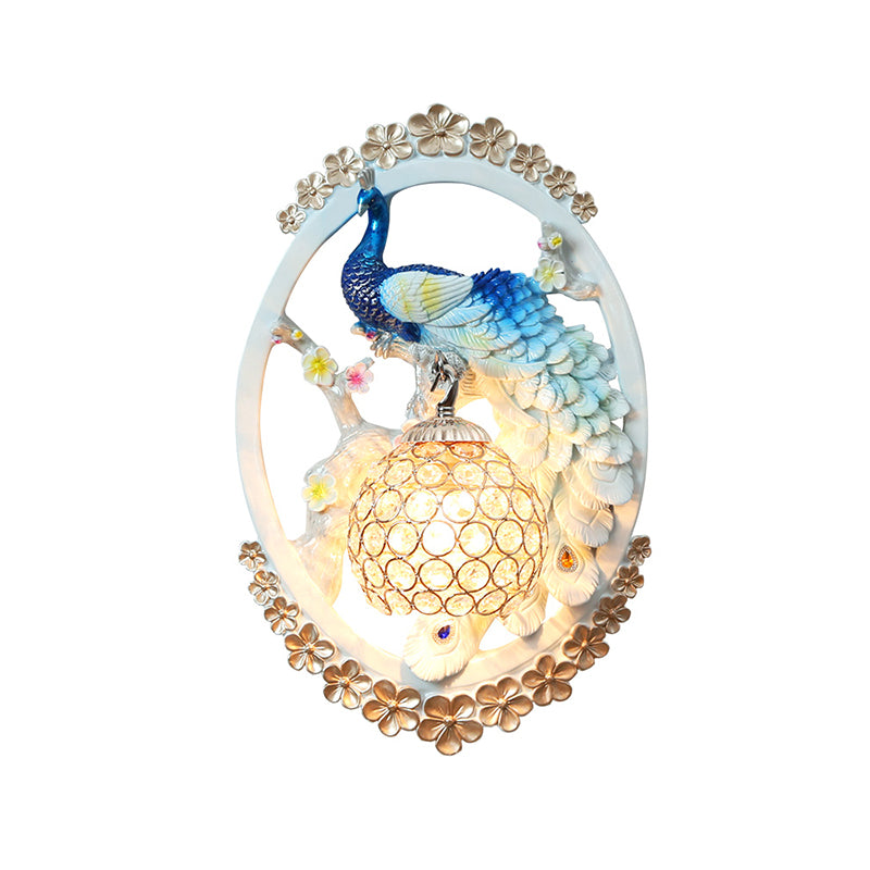 K9 Crystal Ball Wall Lighting Contemporary 1 Light Living Room Sconce in Light Blue and White with Peacock Design Clearhalo 'Modern wall lights' 'Modern' 'Wall Lamps & Sconces' 'Wall Lights' Lighting' 1899695