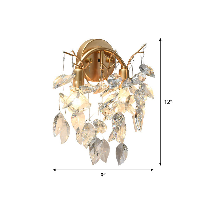 Faceted Crystal Leaf Wall Lamp Contemporary 2 Bulbs Living Room Wall Mounted Light in Gold Clearhalo 'Modern wall lights' 'Modern' 'Wall Lamps & Sconces' 'Wall Lights' Lighting' 1900396