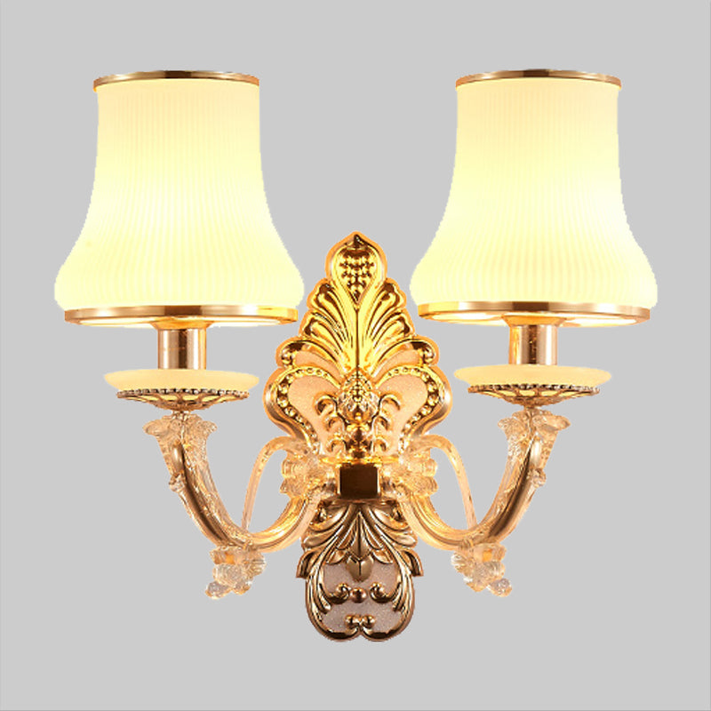 2 Heads Tapered Sconce Light Rural Gold Milky Glass Wall Mounted Lighting with Crystal Ball Droplet Clearhalo 'Wall Lamps & Sconces' 'Wall Lights' Lighting' 1907538