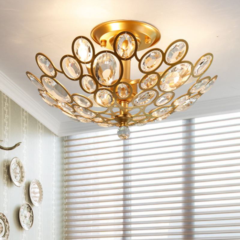 3-Bulb Clear Faceted Crystal Flushmount Retro Silver/Gold Bubble Ring Kitchen Semi Flush Chandelier Lighting Clearhalo 'Ceiling Lights' 'Close To Ceiling Lights' 'Close to ceiling' 'Semi-flushmount' Lighting' 1908899