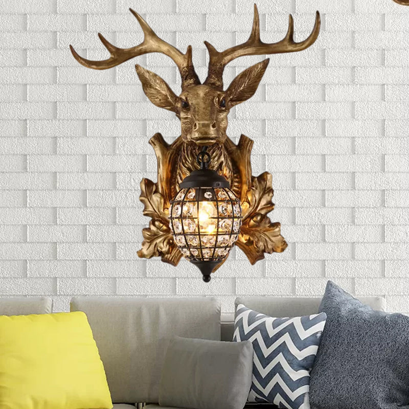 Ellipsoid Cage Beveled Crystal Sconce Farmhouse 12"/18" W 1 Head Living Room Wall Mount Lighting with Gold Antler Backplate Clearhalo 'Wall Lamps & Sconces' 'Wall Lights' Lighting' 1908966