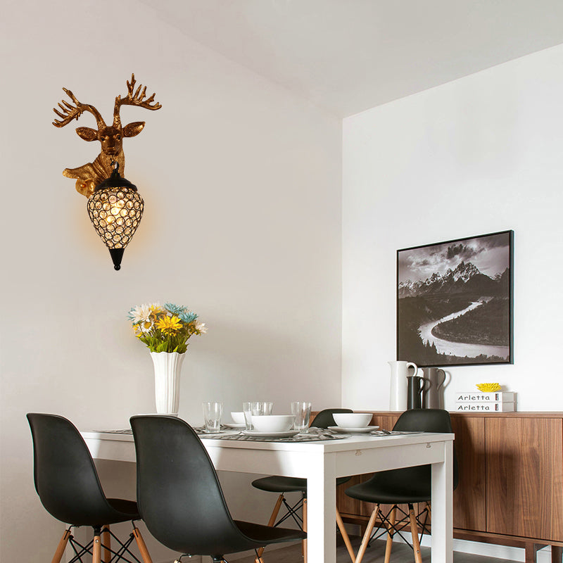 Sika Deer Head Dinette Sconce Ideas Countryside Resin Single Gold Wall Lamp Fixture with Teardrop Crystal Shade, Left/Right Gold Right Clearhalo 'Wall Lamps & Sconces' 'Wall Lights' Lighting' 1909098