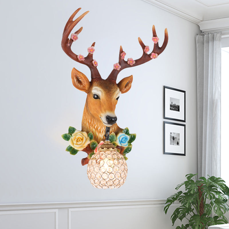 Rural Elk Head Sconce 1 Bulb Resin Wall Mounted Lighting in White/Wood with Flower Decor and Globe Crystal Shade, Left/Right Wood Right Clearhalo 'Wall Lamps & Sconces' 'Wall Lights' Lighting' 1909179