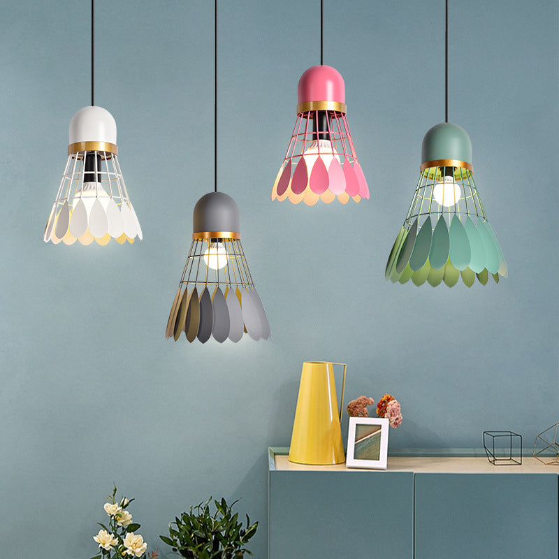 1 Bulb Kitchen Dinette Drop Lamp Macaron Pink Pendant Ceiling Light with Bottle/Badminton/Cone Metal Shade Pink Badminton Clearhalo 'Ceiling Lights' 'Pendant Lights' 'Pendants' Lighting' 1910296_37cafb48-794d-4e42-8ce6-b18050b18c21