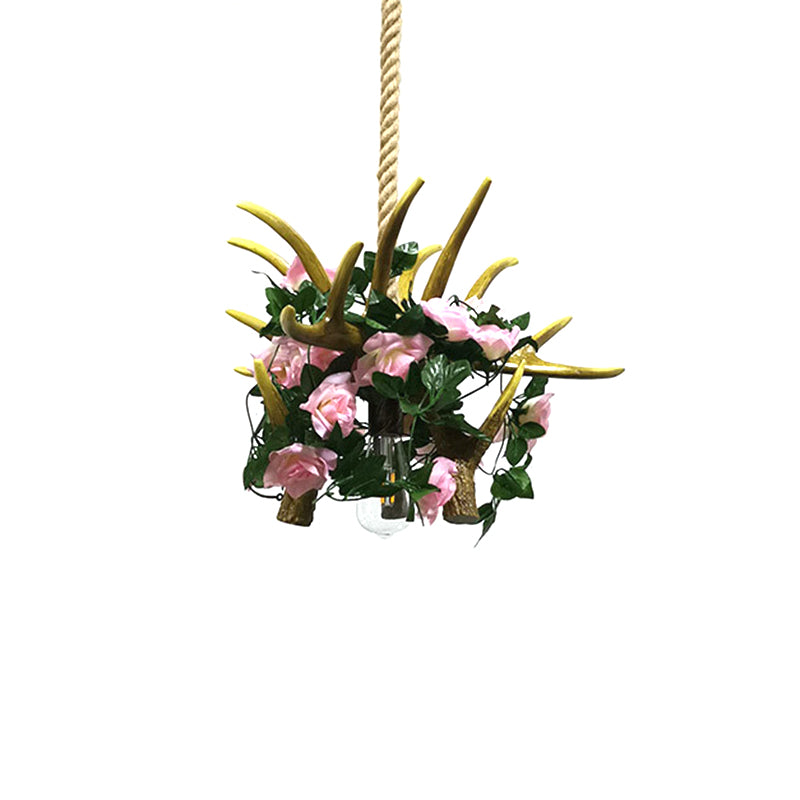 1 Head Antler Ceiling Pendant Farmhouse Pink/Rose Red Resin Flower Hanging Light over Table Clearhalo 'Ceiling Lights' 'Industrial Pendants' 'Industrial' 'Middle Century Pendants' 'Pendant Lights' 'Pendants' 'Tiffany' Lighting' 1911219