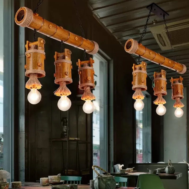 Countryside Chinese Bucket Pendant Lamp 3-Bulb Bamboo Island Light Fixture with Rope Accent in Brown Clearhalo 'Ceiling Lights' 'Island Lights' Lighting' 1911625