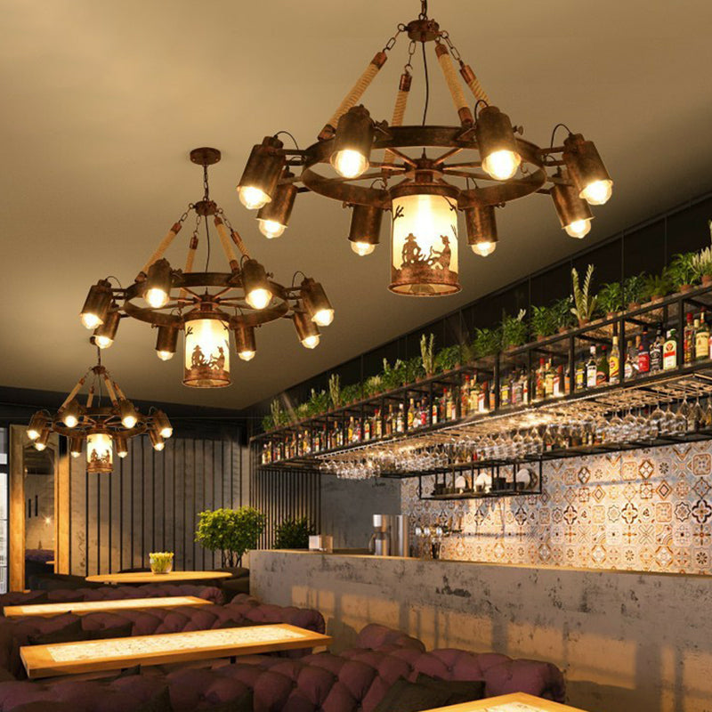 8 Lights Iron Adjustable Chandelier Pendant Industrial Black/Rust Wheel Restaurant Ceiling Spotlight with Rope Accent Clearhalo 'Cast Iron' 'Ceiling Lights' 'Chandeliers' 'Industrial Chandeliers' 'Industrial' 'Metal' 'Middle Century Chandeliers' 'Rustic Chandeliers' 'Tiffany' Lighting' 1911669