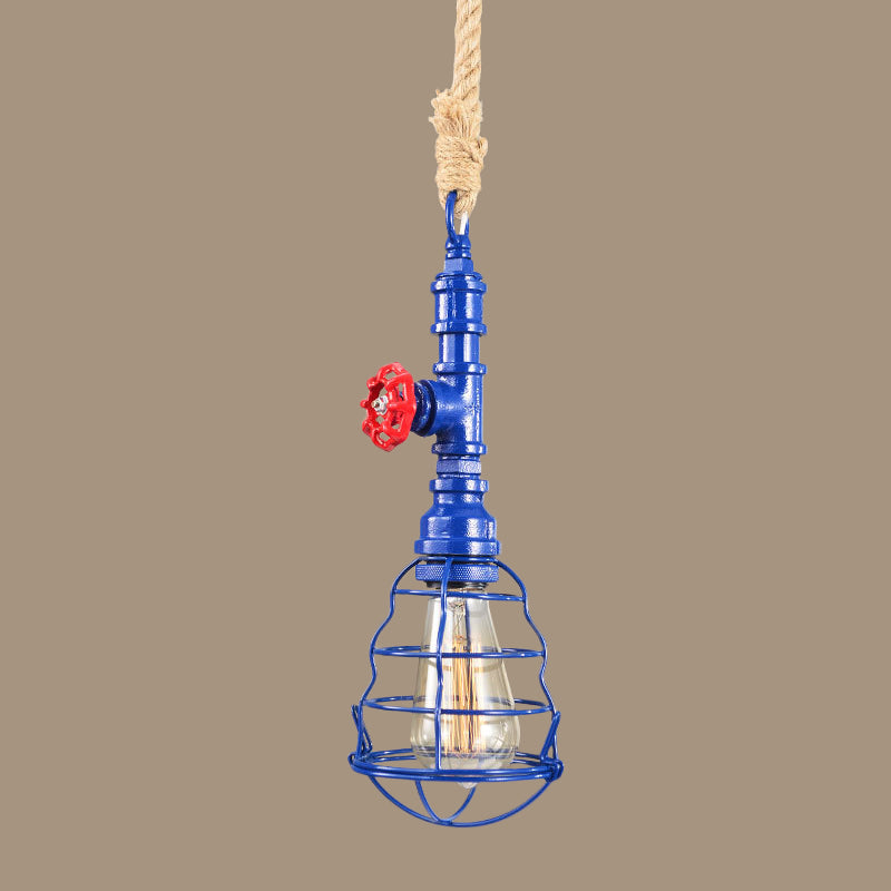 Steampunk Caged Down Lighting Pendant 1 Head Iron Hanging Ceiling Light with Rope Cord and Water Pipe Design in Blue/Rust/Bronze Clearhalo 'Ceiling Lights' 'Industrial Pendants' 'Industrial' 'Middle Century Pendants' 'Pendant Lights' 'Pendants' 'Tiffany' Lighting' 1911694