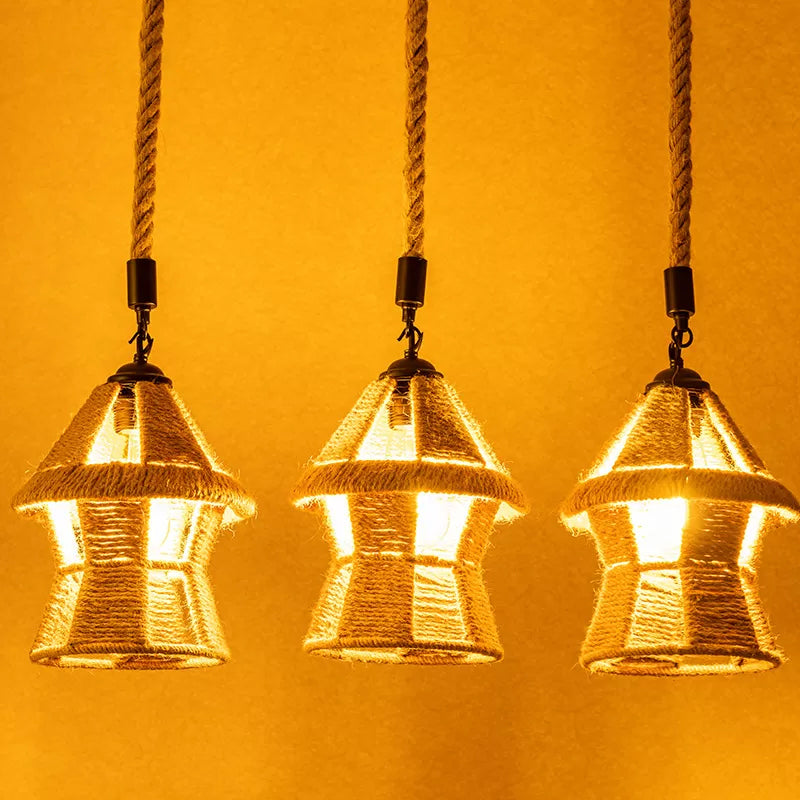 Hand-Wrapped Rope Cluster Cabin Pendant Country 3/6 Bulbs Living Room Round/Linear Ceiling Suspension Lamp in Brown Clearhalo 'Ceiling Lights' 'Industrial Pendants' 'Industrial' 'Middle Century Pendants' 'Pendant Lights' 'Pendants' 'Tiffany' Lighting' 1912469