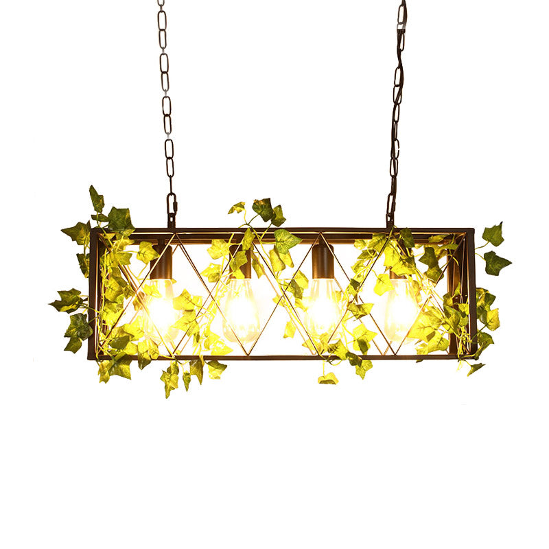 Red/Green 4 Lights Island Ceiling Light Retro Metal Rectangular LED Rose/Plant Drop Lamp for Restaurant Clearhalo 'Ceiling Lights' 'Island Lights' Lighting' 1913223