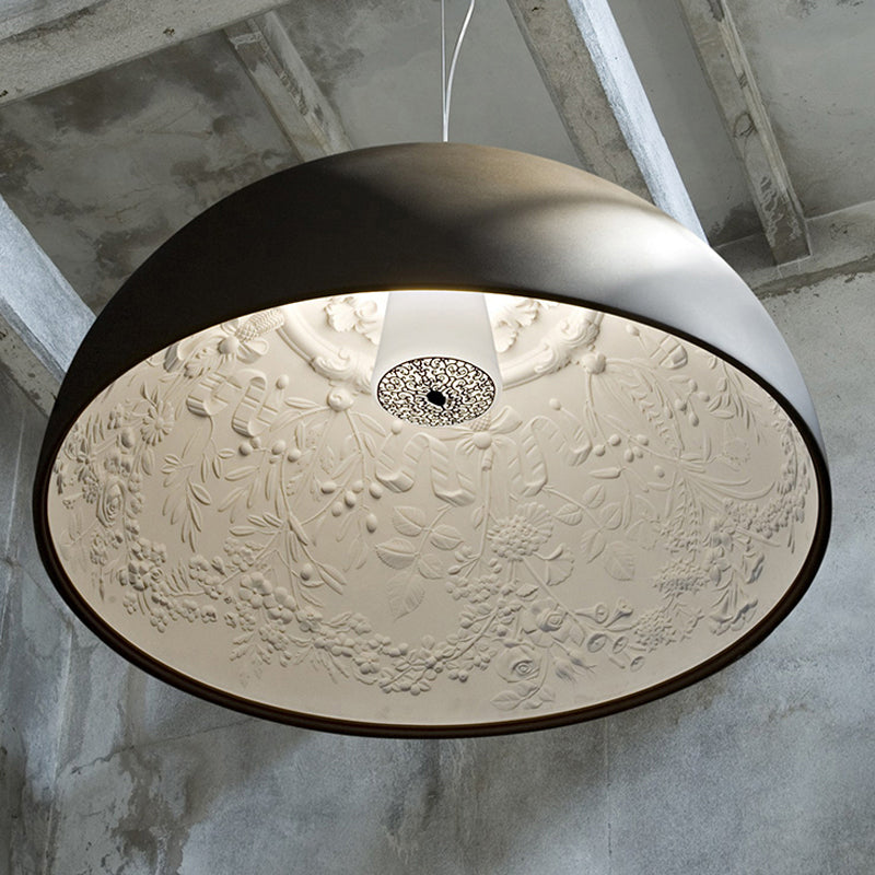 Hemispherical Resin Pendulum Light Industrial 16"/23" W Single Living Room Pendant Lamp in Black/White with Carved Rose Inside Clearhalo 'Art Deco Pendants' 'Black' 'Cast Iron' 'Ceiling Lights' 'Ceramic' 'Crystal' 'Industrial Pendants' 'Industrial' 'Metal' 'Middle Century Pendants' 'Pendant Lights' 'Pendants' 'Rustic Pendants' 'Tiffany' Lighting' 1916574