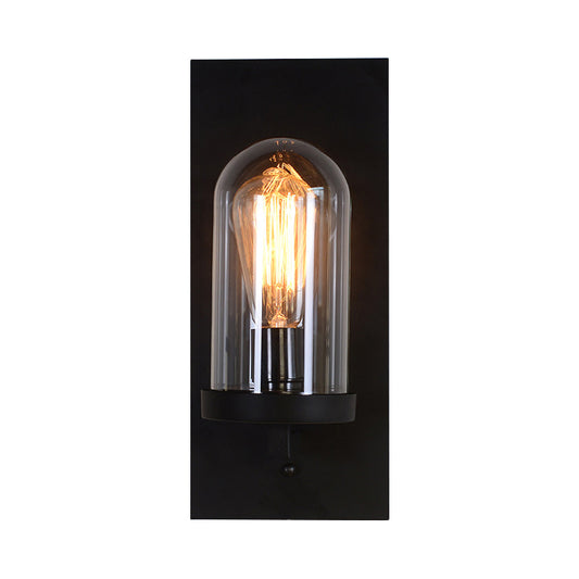 Black Rectangular Wall Light Sconce Retro Metal 1 Head Foyer Wall Lamp with Cloche Clear Glass Shade Clearhalo 'Art deco wall lights' 'Cast Iron' 'Glass' 'Industrial wall lights' 'Industrial' 'Middle century wall lights' 'Modern' 'Rustic wall lights' 'Tiffany' 'Traditional wall lights' 'Wall Lamps & Sconces' 'Wall Lights' Lighting' 1917551
