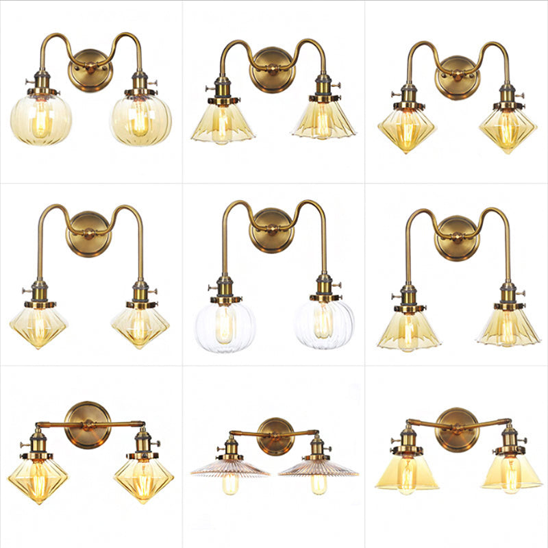 Metal Antiqued Brass Wall Lighting Conical/Spherical 2-Light Warehouse Wall Mounted Lamp with Straight/Curved Arm Clearhalo 'Art deco wall lights' 'Cast Iron' 'Glass' 'Industrial wall lights' 'Industrial' 'Middle century wall lights' 'Modern' 'Rustic wall lights' 'Tiffany' 'Traditional wall lights' 'Wall Lamps & Sconces' 'Wall Lights' Lighting' 1917709