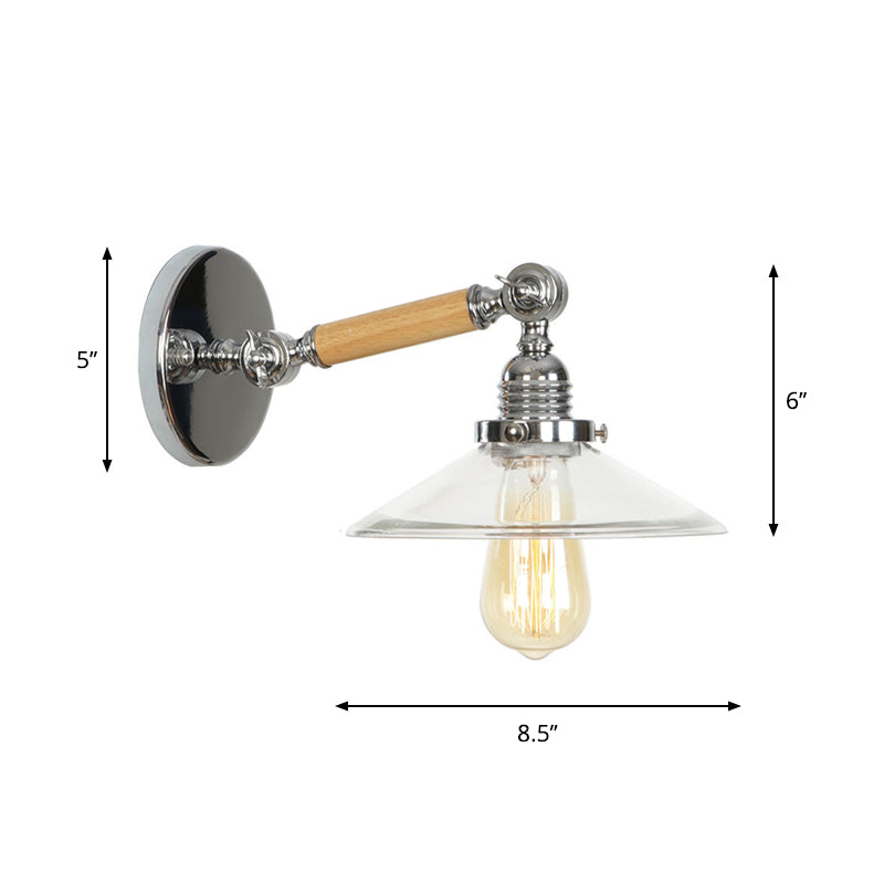 Rustic Bowl/Cone/Bell Wall Light Kit 1-Light Clear Glass Rotatable Wall Mounted Lamp in Chrome and Wood Clearhalo 'Art deco wall lights' 'Cast Iron' 'Glass' 'Industrial wall lights' 'Industrial' 'Middle century wall lights' 'Modern' 'Rustic wall lights' 'Tiffany' 'Traditional wall lights' 'Wall Lamps & Sconces' 'Wall Lights' Lighting' 1918244