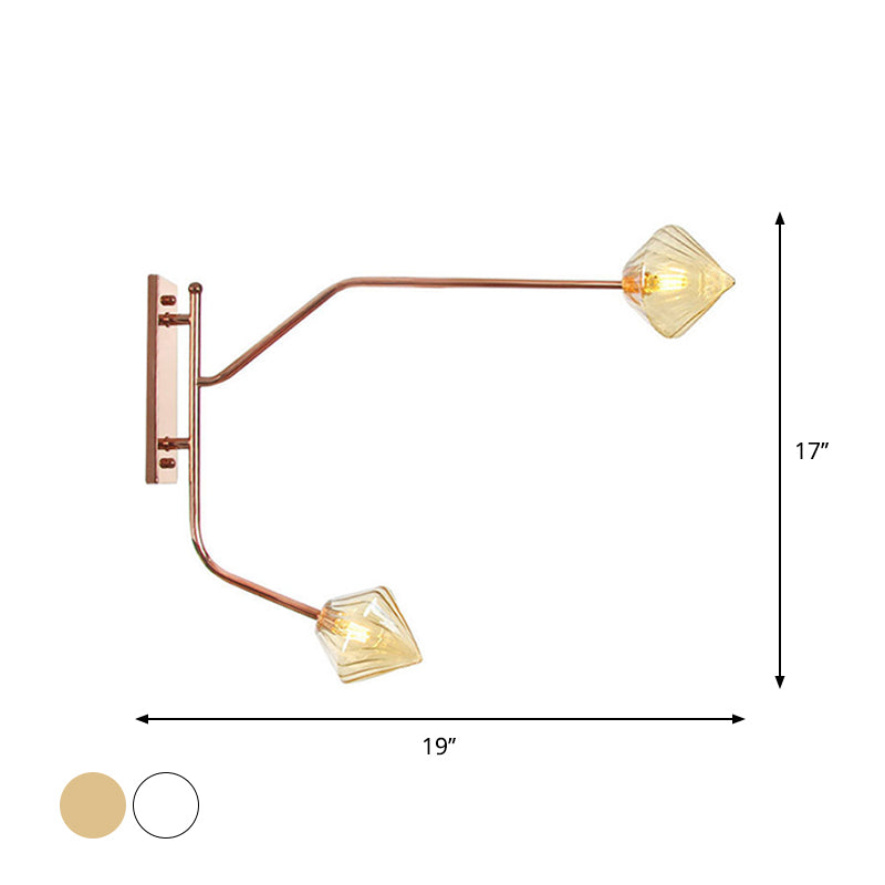Iron Rose Gold Wall Reading Light Branching 2 Bulbs Industrial Wall Lamp Fixture with Gem/Ball Clear/Smoke Glass Shade Clearhalo 'Art deco wall lights' 'Cast Iron' 'Glass' 'Industrial wall lights' 'Industrial' 'Middle century wall lights' 'Modern' 'Rustic wall lights' 'Tiffany' 'Traditional wall lights' 'Wall Lamps & Sconces' 'Wall Lights' Lighting' 1918287