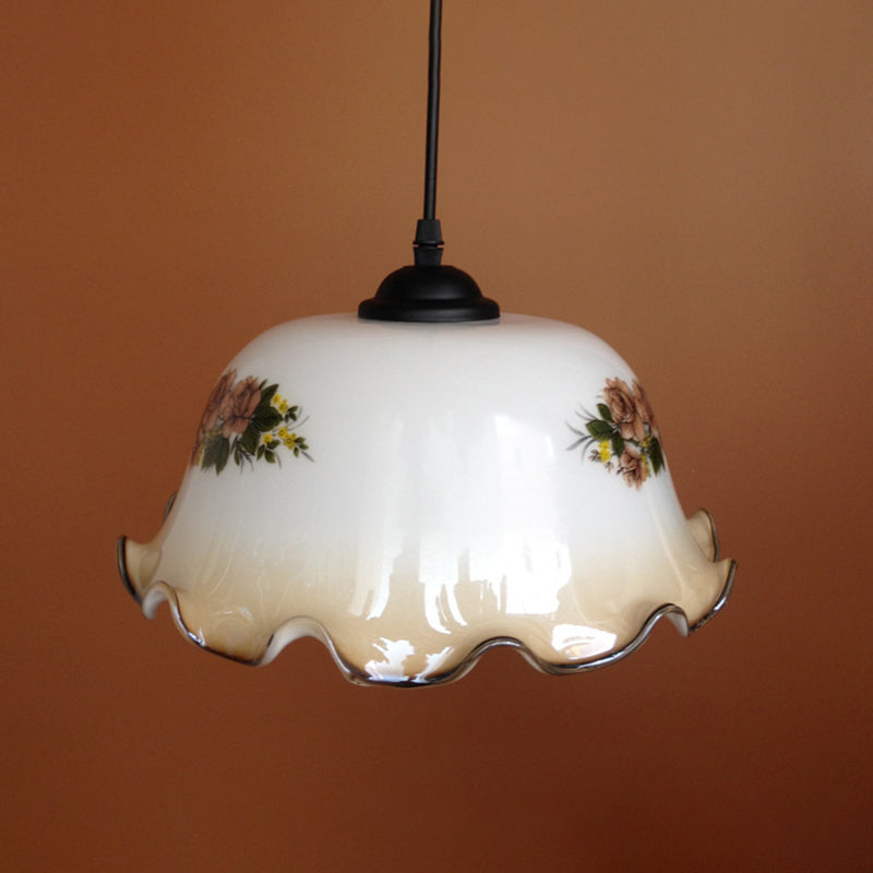 Single Green/White Glass Pendant Lighting Rustic Black Lettuce-Trim Bowl Living Room Ceiling Hang Lamp Clearhalo 'Ceiling Lights' 'Glass shade' 'Glass' 'Industrial Pendants' 'Industrial' 'Middle Century Pendants' 'Pendant Lights' 'Pendants' 'Tiffany' Lighting' 1918550