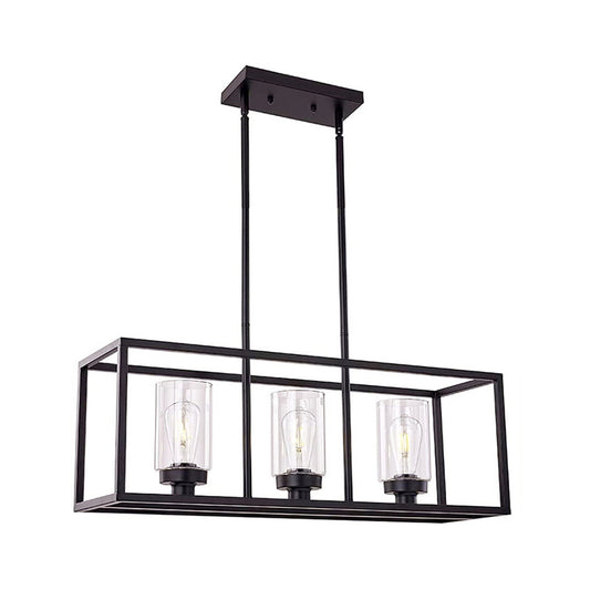 Cylinder Shade Clear Glass Pendant Industrial 3/5 Lights Dinette Up/Down Island Lamp with Rectangle Frame in Black 3 Black Up Clearhalo 'Ceiling Lights' 'Island Lights' Lighting' 1918775