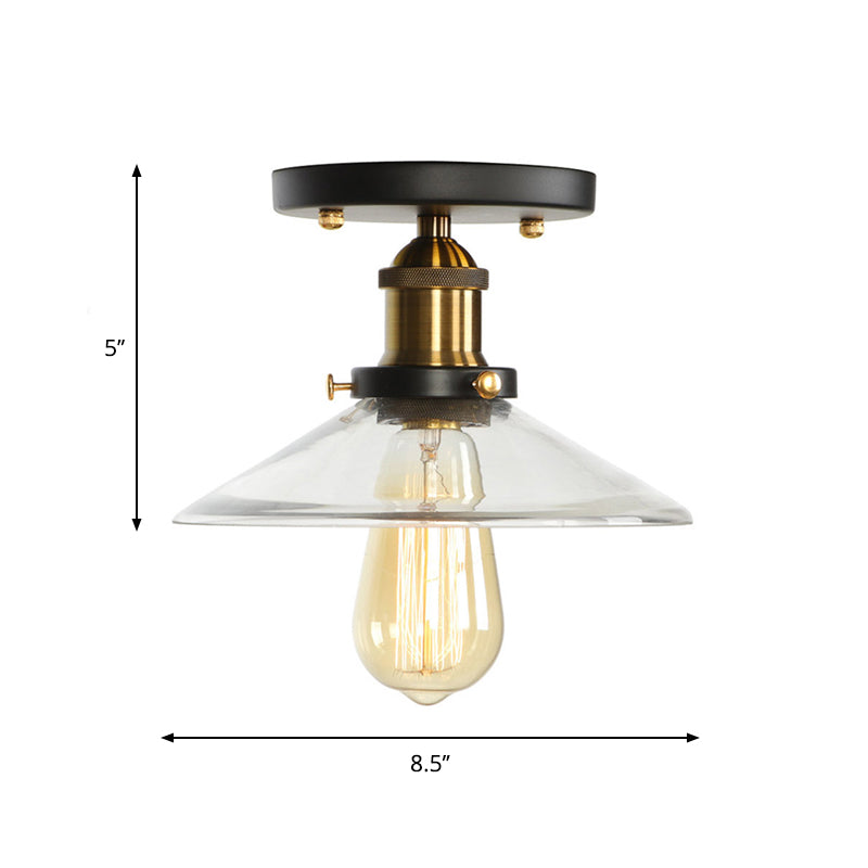 Globe/Pear Mini Corridor Semi Flush Light Farmhouse Clear/Clear Ribbed Glass 1 Head Black and Brass Ceiling Lamp Clearhalo 'Ceiling Lights' 'Close To Ceiling Lights' 'Close to ceiling' 'Semi-flushmount' Lighting' 1918812