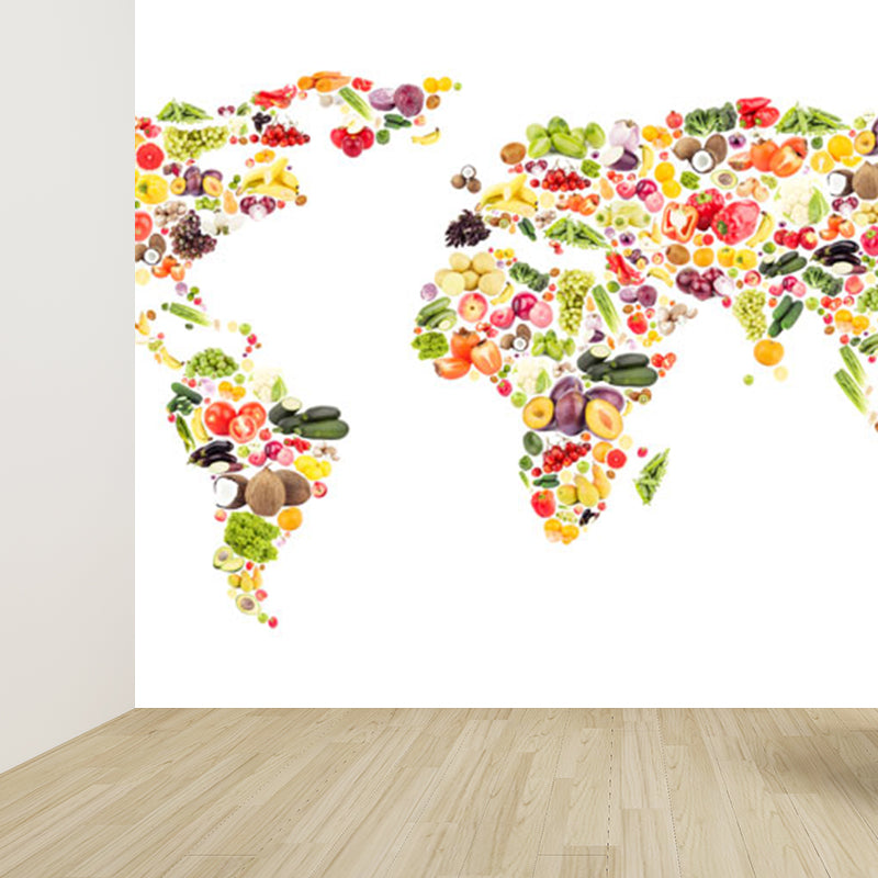 Illustration Style World Map Mural Decal for Living Room, Pastel Color, Personalized White Clearhalo 'Wall Decor' 'Wall Mural' 1921481