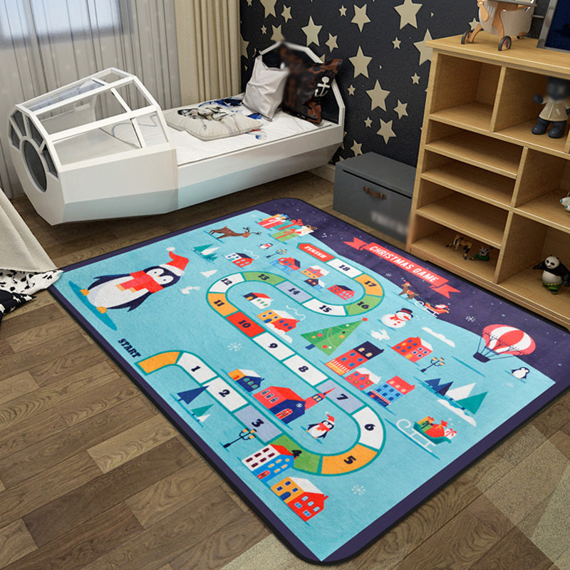 Cartoon Railway Area Rug Multi Color Polypropylene Carpet Pet Friendly Anti-Slip Rug for Kids Blue Clearhalo 'Area Rug' 'Rug' 1927456